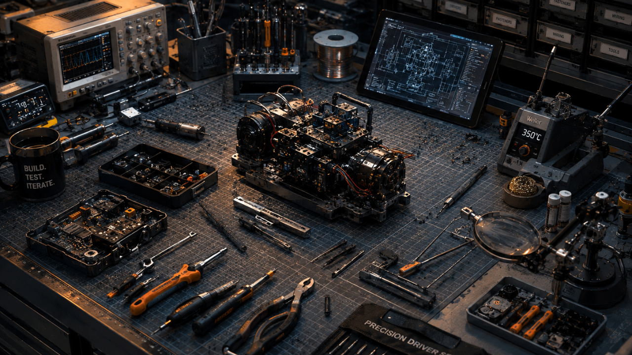 Bravix Labs workbench with robotics and electronics